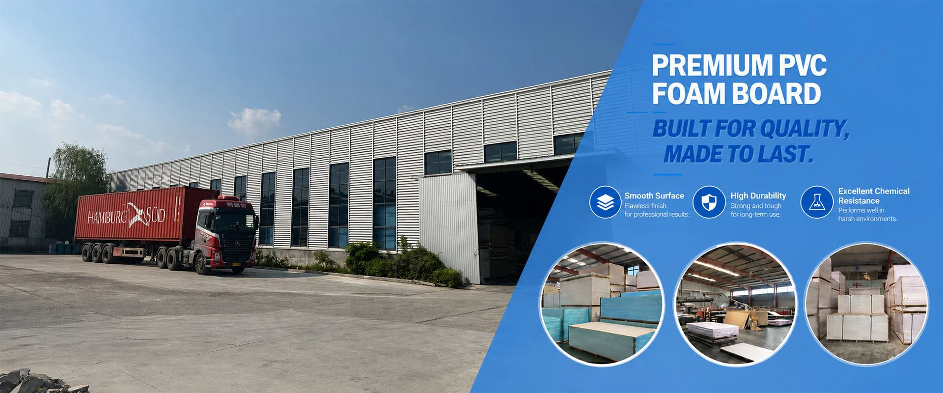 PVC foam board manufacturer in China with factory entrance, warehouse stock and premium PVC foam board products